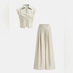 Cotton Linen Wrap Top & Pleated Pants Set